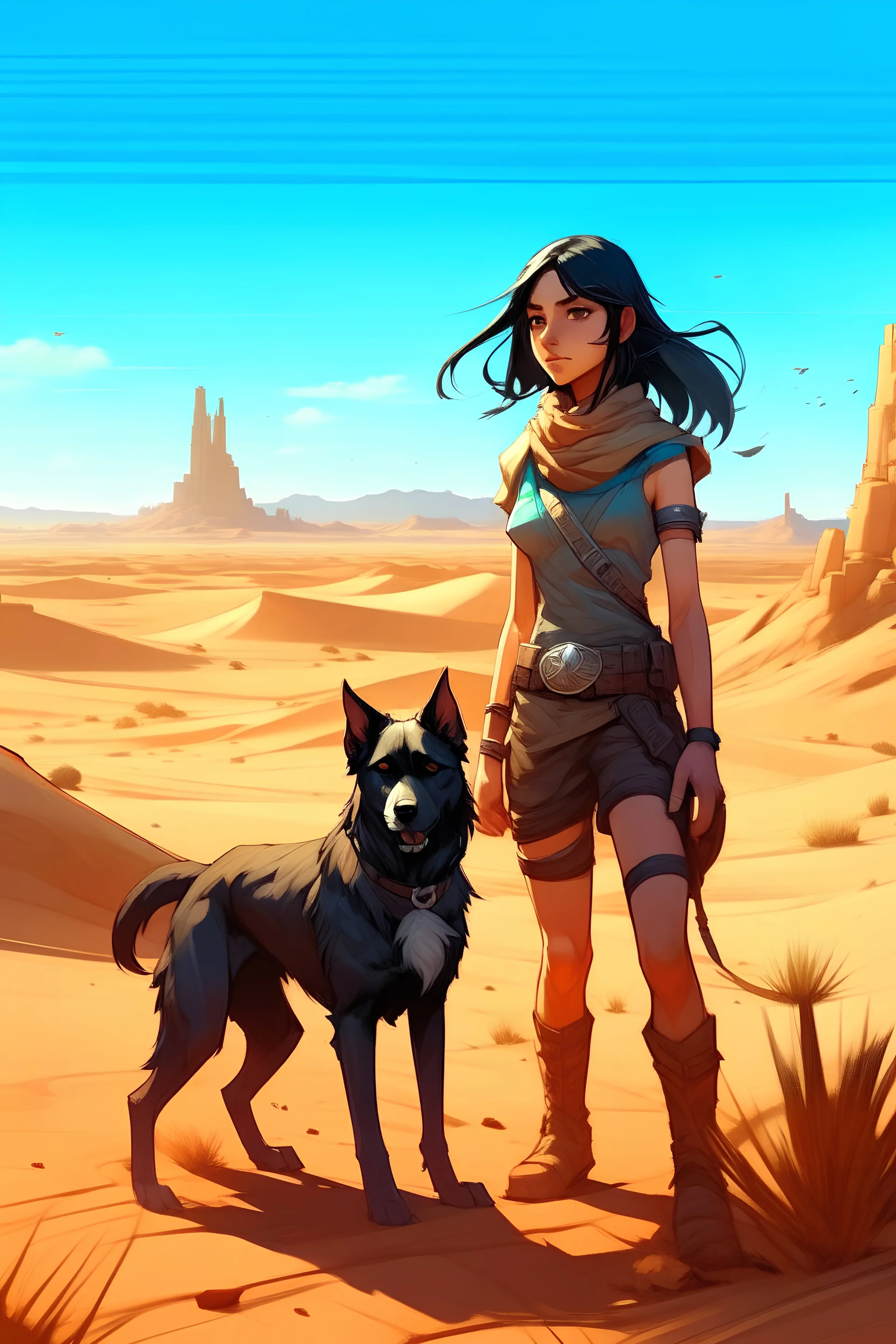 A black haired bronzed girl in the desert with her dog. The dunes are sandy. Draw it all in the style of Horizon Zero Dawn