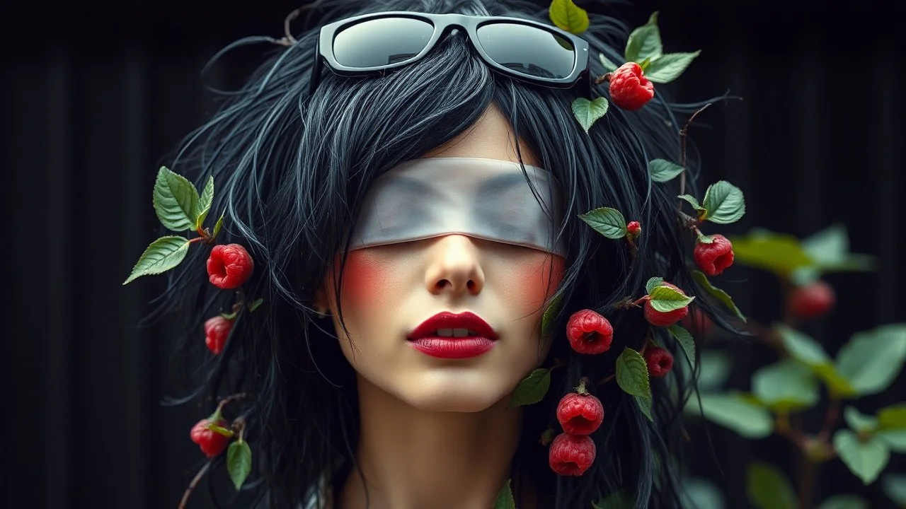 "woman, messy black hair, made of shiny texture, sunglasses on head, red blush, blindfolded, half grin, vine design, raspberry, surreal, futuristic, black outdoor background, peach skin, leafy textures, shiny plastic, organic aesthetic, rose red hue, green leaves, alien design, mutant structure, red mouth, bizarre aesthetic"