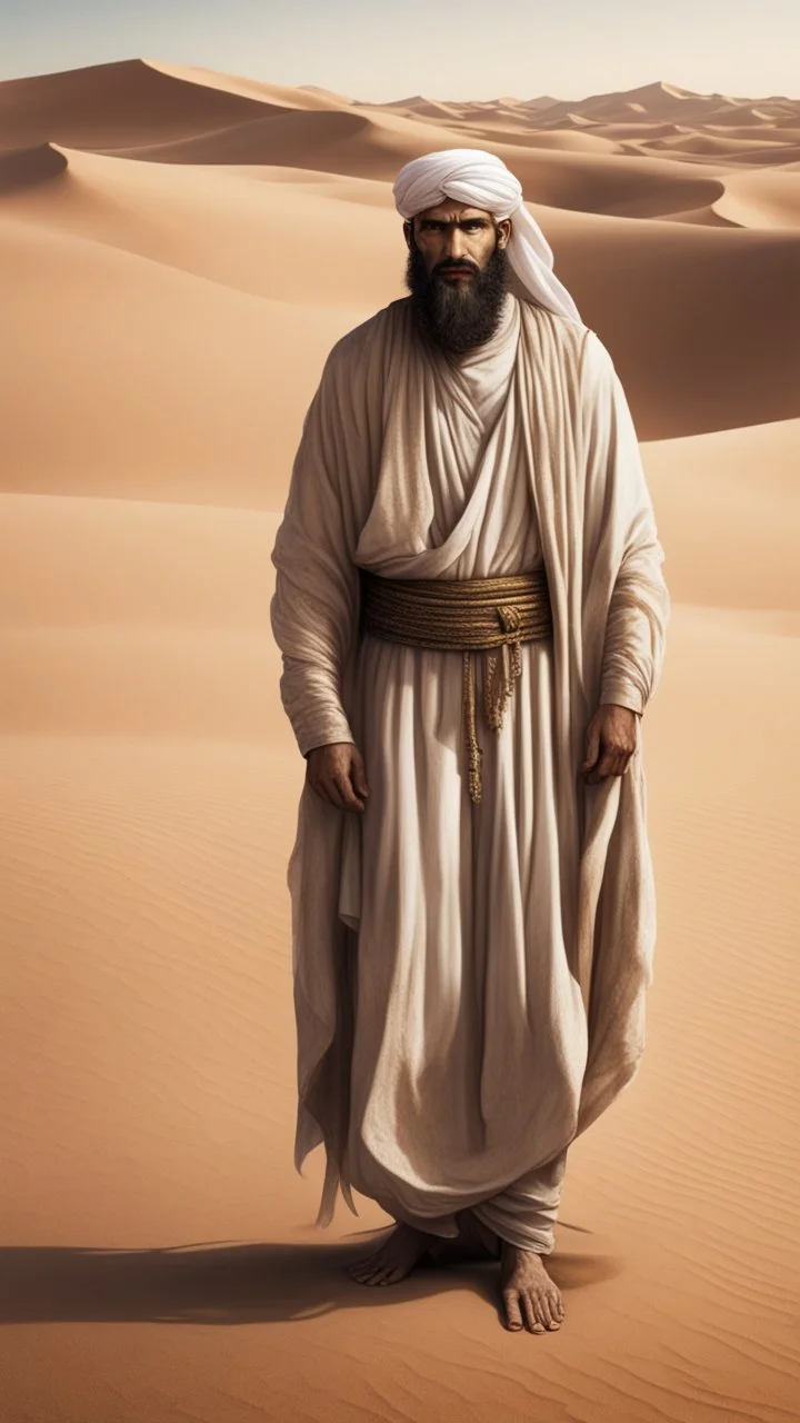 A picture of an Arab man from ancient times, standing in a desert, with a thick face, a thick beard, and evil