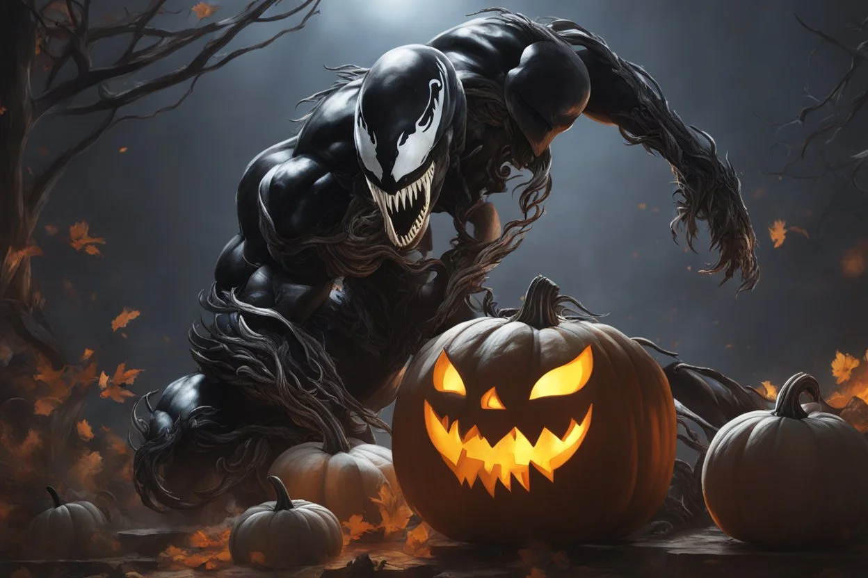 Venom pumpkin in nier automata artstyle, halloween them, winter, close picture, fantasy world, intricate details, highly detailed, high details, detailed portrait, masterpiece,ultra detailed, ultra quality