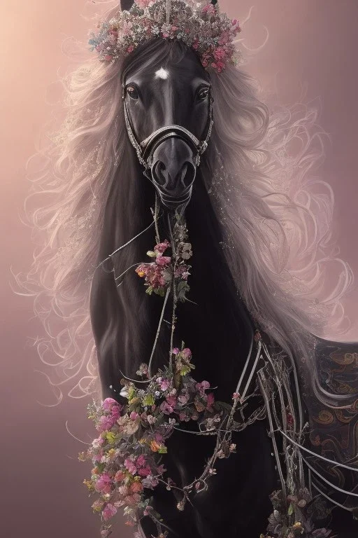 full Closeup portrait of a black horse wearing crown of flowers, smooth soft skin, soft lighting, detailed face, concept art, digital painting, looking into camera, hyper realistic with fine details