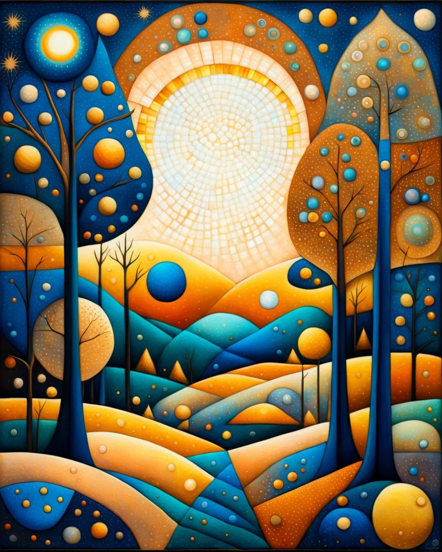 Gorgeous amazing patchwork, Kandinsky dot line drawing, highly detailed, exquisitely intricate, beautiful, clear, high quality, colorful, great golden sunset, fantastic - Daniel Merriam, Iwona Lifsches, Alex Alemany, fractal, mosaic, layers, multidimensional, 3D, teal sparkling trees, glistening gold leaves, skyline, . Starry night. Gustav Klimt, purple flowers, sunflowers, gray clouds Modifiers: extremely detailed intricate beautiful imperial colors high definition hdr Leonid Afremov Big round