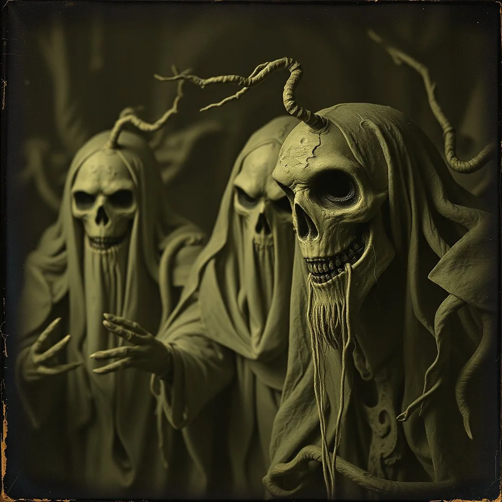 Daguerrotype close up of some mysterious figures, odd background, cinematic, Hieronymus Bosch, Max Ernst vegetal life, rotten, ambient light, ghost, cry