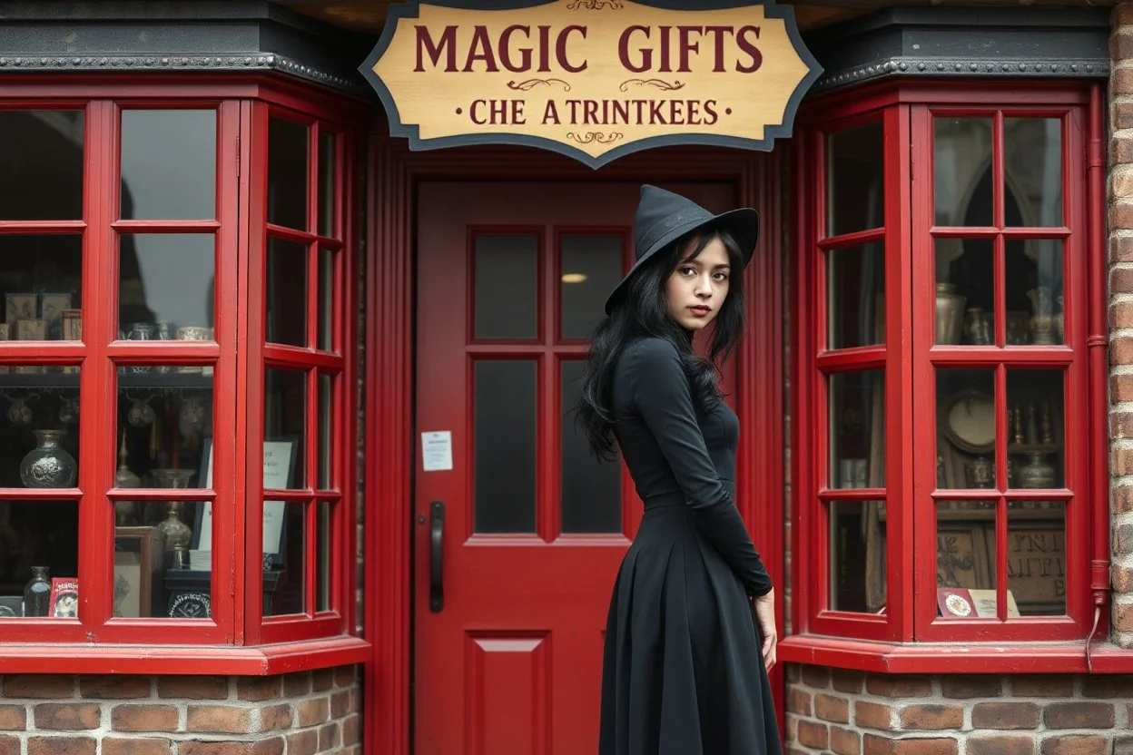 Photorealistic image of a slender, young woman with dark hair, in a witchy, black dress, no hat, leaning back against a shop door with red-painted, large, multi-paned windows on either side of a red-painted multi-paned door. Walls made of brick. The shop is selling magic gifts and trinkets. Large sign over the door.