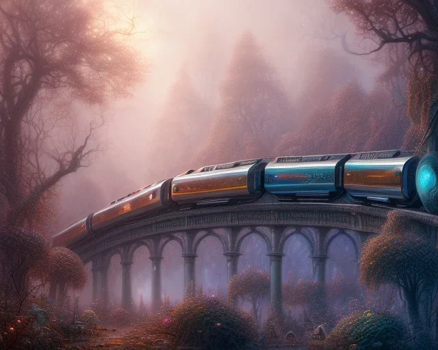 stunning hyperdetailed futuristic train; meticulously hyperdetailed train :: beautiful natural lighting :: photoillustration hyperrealism :: fantasy mixed media :: by Ian Miller By Android Jones By James Jean digital painting, digital illustration, extreme detail, digital art, 4k, ultra hd