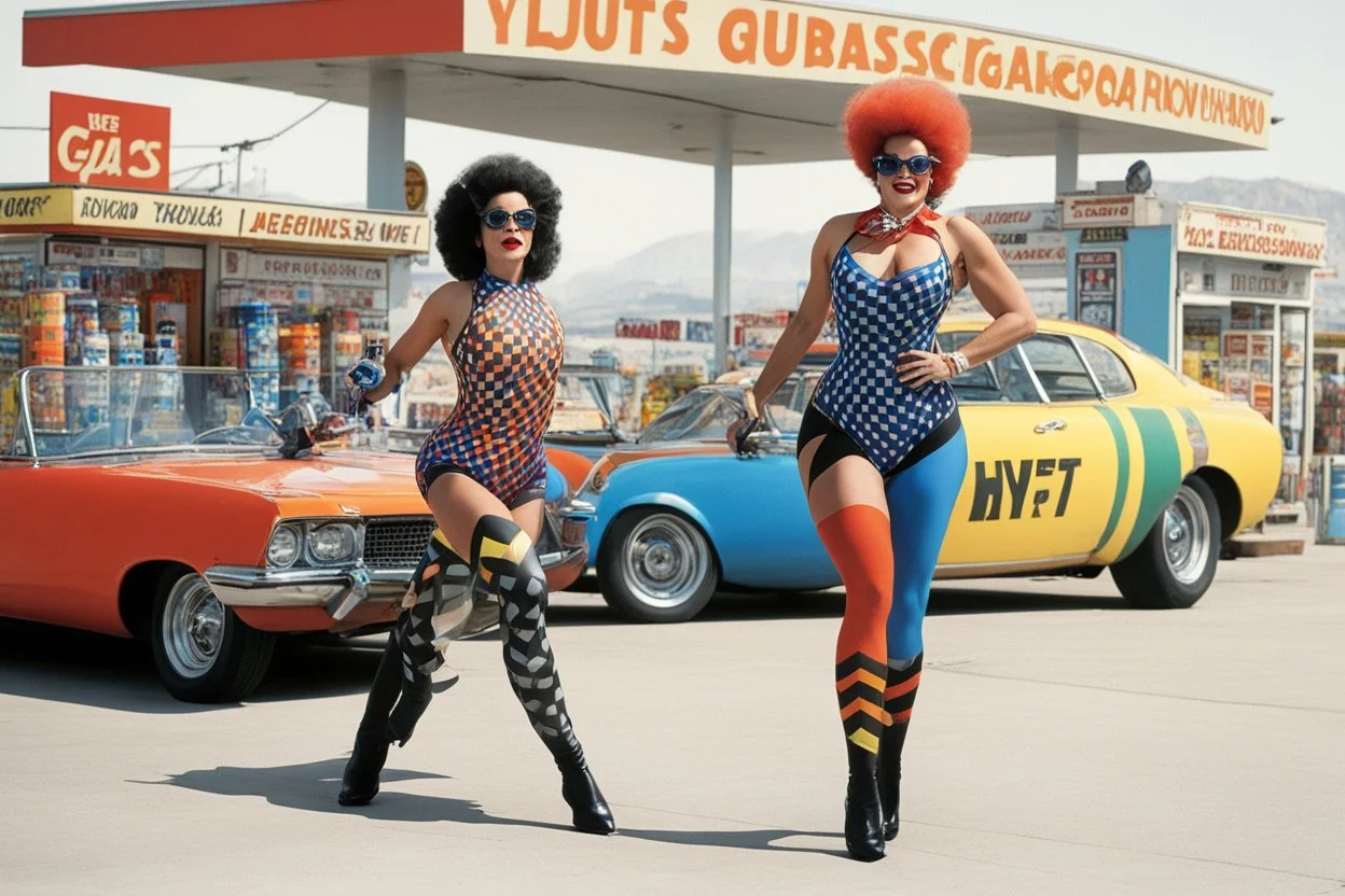 one woman in bright colorful and checkered (high res photo by Ralph Steadman in the 70ties) super heroine in leotard (chevron, lycra, nylon, spandex, tights) stops a massive violent thief at a gas stations, she is the queen of jujustu