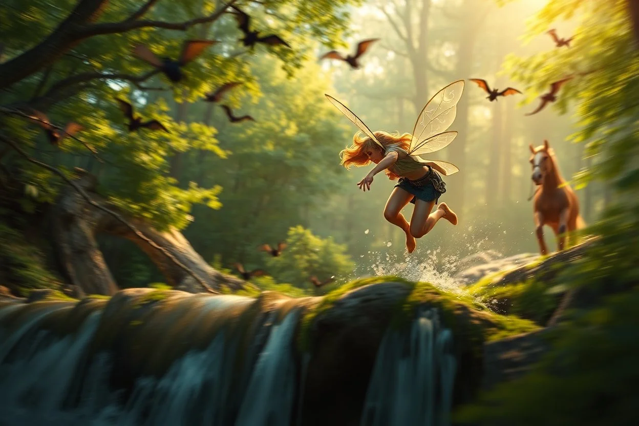 volumetric light, oil painting ,evening and motion blur running caped long haired pixie Quickling - Forgotten Realms dodging flying bats above water fall and along winding branches in lush green forest along speeding horses , bokeh like f/0.8, tilt-shift lens 8k, high detail, smooth render, down-light, unreal engine, prize winning