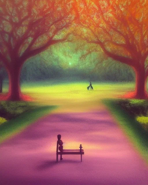 park mystical dream, park bench, man, woman, child, dog, trees, path, bird, sunshine, mystical, fantasy, romanticism, pastel colors, daylight, daytime, acrylic painting, detailed, soft focus,