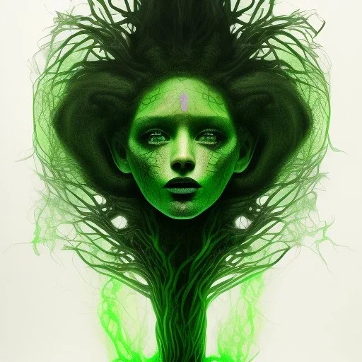 magnificient black medusa, spray paint, chalk,magic light fountain, green background