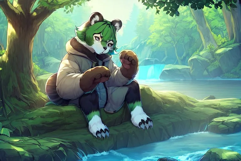 Girl, green hair, raccoon tail, raccoon paws in hand, raccoon paws in foot, forest, river, sit on tree, coat on neck, with tongue out, big tail, furry