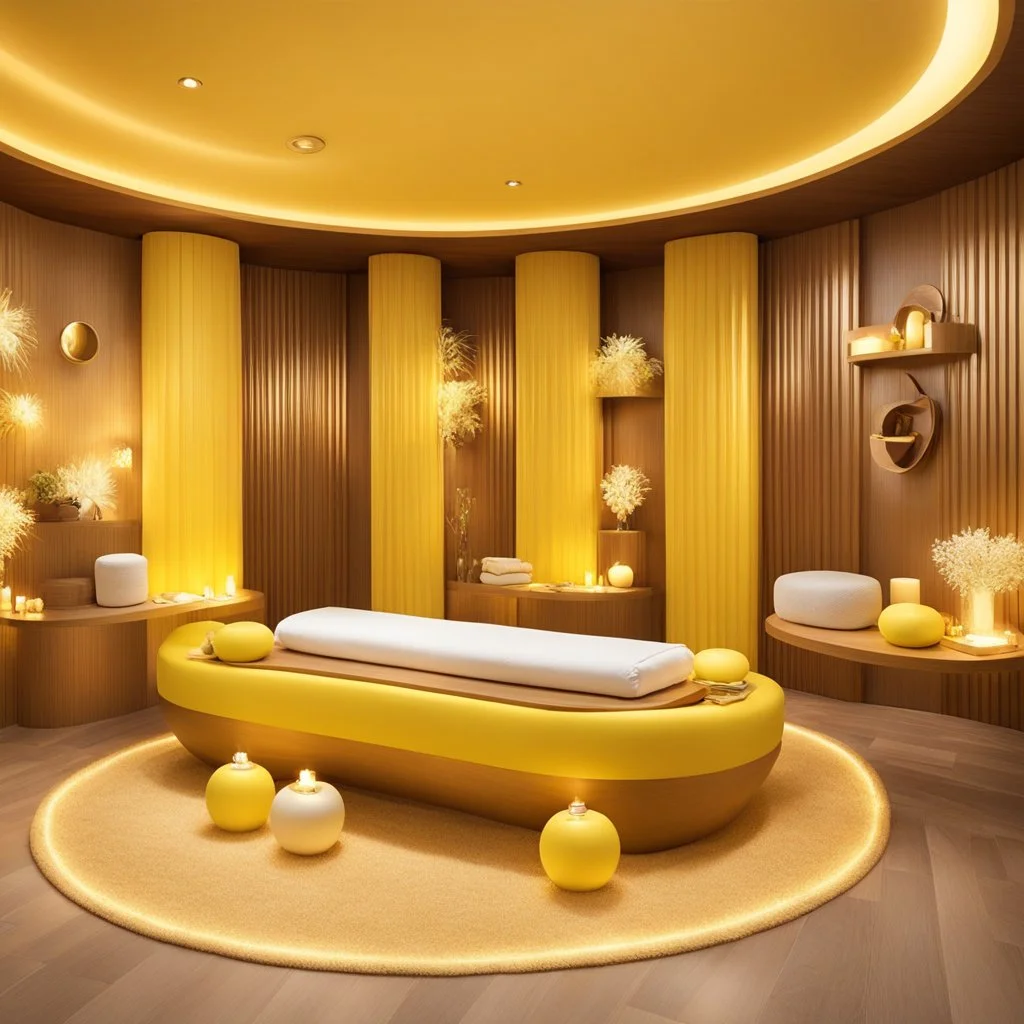 a vibrant massage room in action, where one can indulge in the full service experience. Envision her in a yellow leotard, surrounded by an atmosphere of relaxation and luxury. Special toys and tools are at your disposal, enhancing the rejuvenating journey within this serene setting.