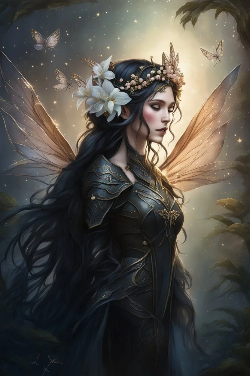 Peach hair ,Hydrangea,orchids,lilies of the valley,night,peachy hair,rapunzel hair,elven crown,dragonflies,pointed ears,elven ears,dark fairy princess,sparkle,,dark gold armour,fairy wings,,night stars