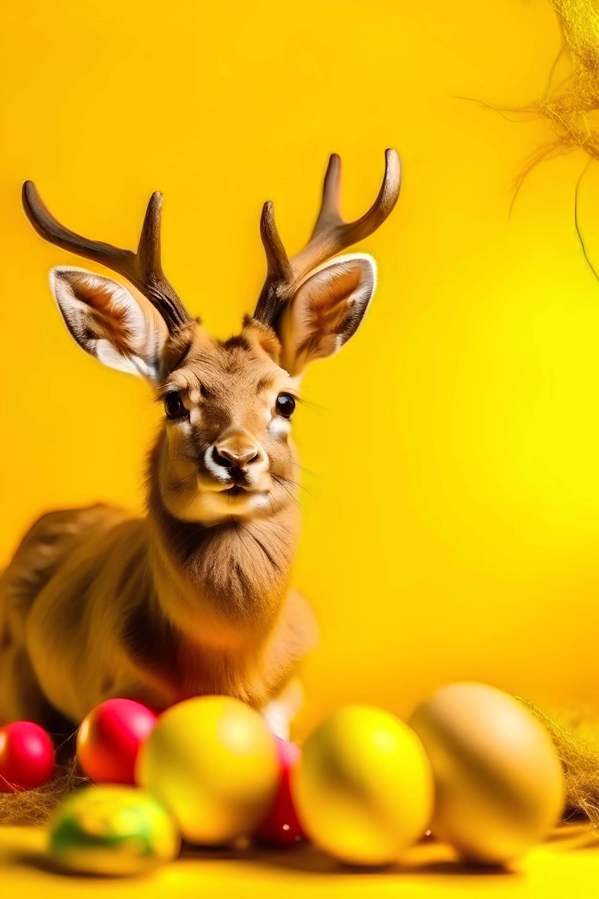 an old male deer with an a lot of easter decoration with a yellow background