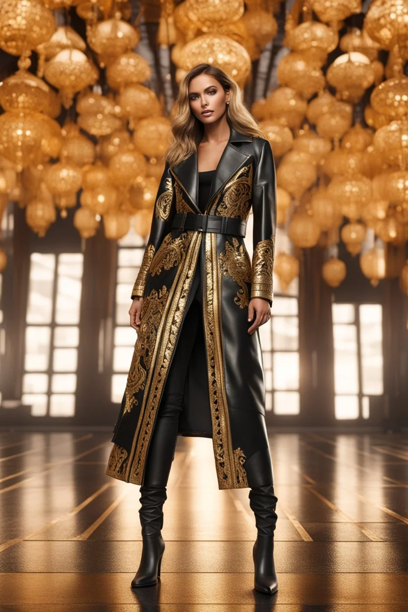 Photography Full body modeling girl on fashion show using A high detailed 3d render of a black and gold ornaments long black leather jacket.