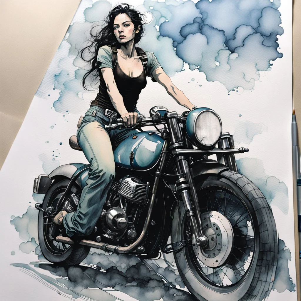 create a highly ethereal, darkly magical full body ink wash and watercolor illustration of a dark haired girl on her motorcycle, with highly detailed and deeply cut facial features, in the style of KATHE KOLLWITZ combined with the comic art style of BILL SIENKIEWICZ and JEAN GIRAUD MOEBIUS, searing lines and forceful strokes, precisely drawn, inked, and richly colored