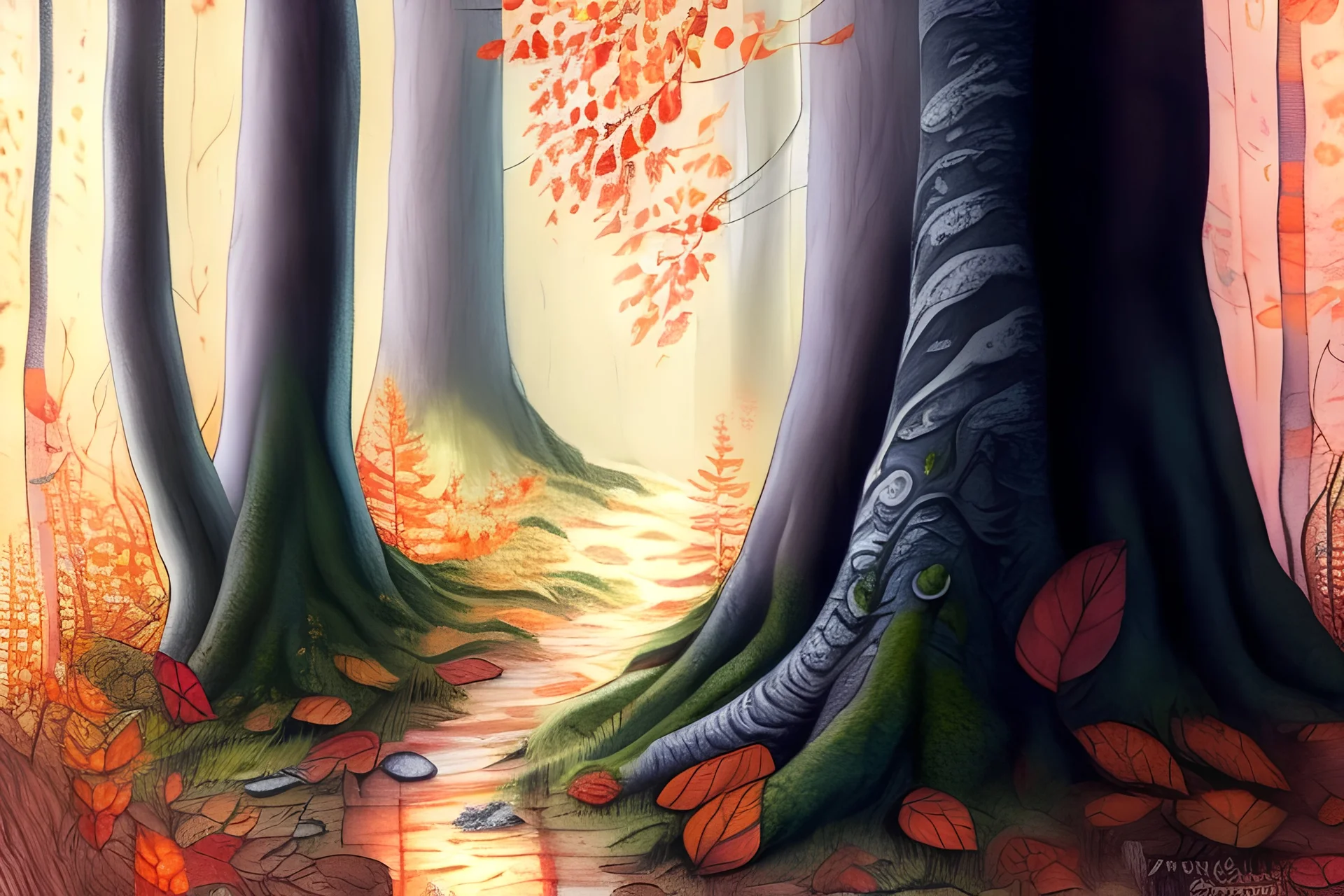 isabel kreitz style, fantasy forest, streamlet, autumn, hyper realistic, realistic shadows, fine details, extremely accurate, delicate, detailed, Graphic novel style, wide-angle, open aperture