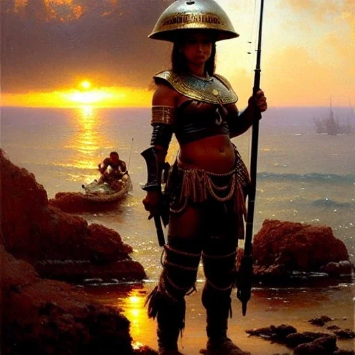 portrait 'busty woman fishermen with the trophy of Her life ',ancient metal armor and helmet ,painting by gaston bussiere, greg rutkowski, yoji shinkawa, yoshitaka amano, tsutomu nihei, donato giancola, tim hildebrandt, oil on canvas, cinematic composition, extreme detail,fit full head inside picture,16k