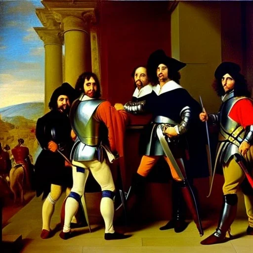 oil on canvas portrait of The Three Musketeers and d'artagnan with armor by Jacques-Louis David 8k