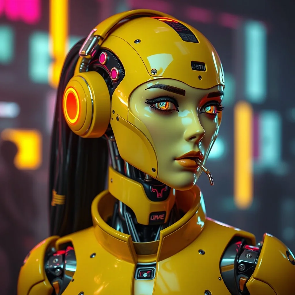 a cyberpunk female android robot, yellow, dystopia, cyberpunk, neon