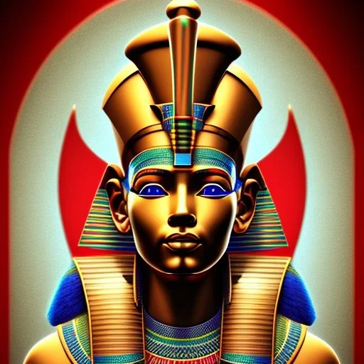 3D close-up of a Egyptian king Ramses, high contrast, glowing backlighting, blue and red backlighting, vibrant hair, dark brown eyes, sharp focus, face painting, background blur.