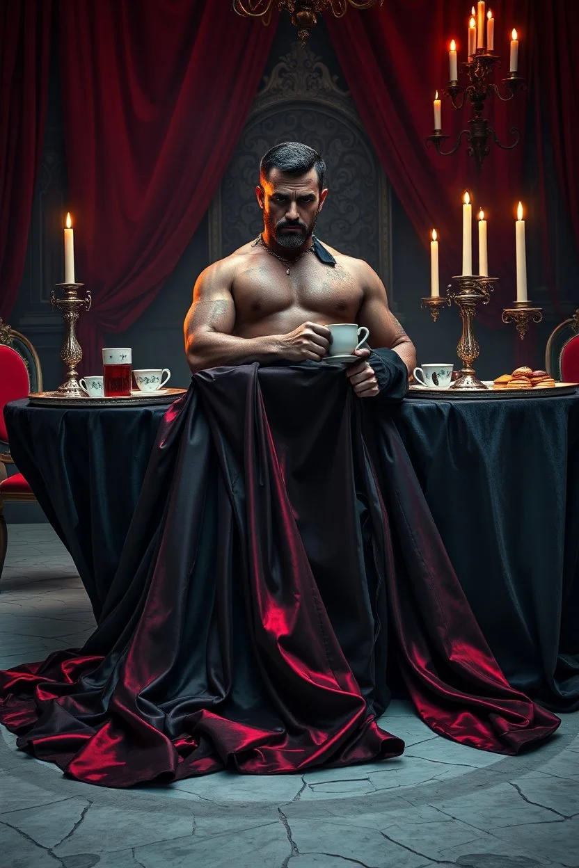 "prompt": "A dark, moody, surreal scene of a rugged auto mechanic at a decadent high tea. Instead of workwear, he now wears a flowing, high-fashion silk gown — glossy black with crimson undertones, draped dramatically yet smeared with streaks of oil and dust. The gown clings to his muscular frame while long folds cascade onto the cracked marble floor. He sits at a grand, candlelit tea table covered in black velvet, where tarnished silver trays hold eerie pastries, shattered porcelain cups