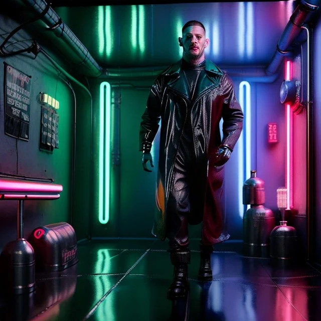 Actor, tom hardy, blade runner style, rain, fog, neon ambient, gradient color, clean skin, circuits, latex coat, cyber punk, neon, tubes, portrait, photo studio, unreal engine 5, smooth color, 16 bit, god lights, ray tracing, RTX, lumen lighting, ultra deatail, volumetric lighting, 3d, finely drawn, hd.