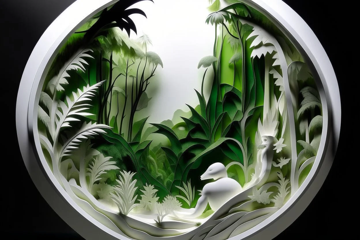 white,background,looking,through,a 3-d, hole,or,window,,a,seeing,jungle ,skulpture,like