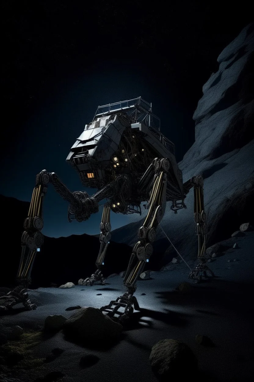 eight legged mechanical walker scaling a very steep rocky side of mout everest at night, it has a smooth surface, it has storage pods on its belly human can fit in the pods