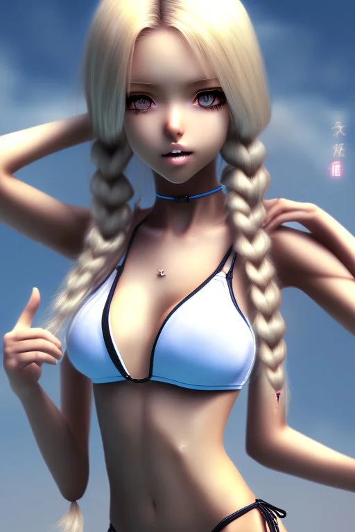 slim girl in bikini with blonde hair and two pigtails, manga style, cool pose, greyscale