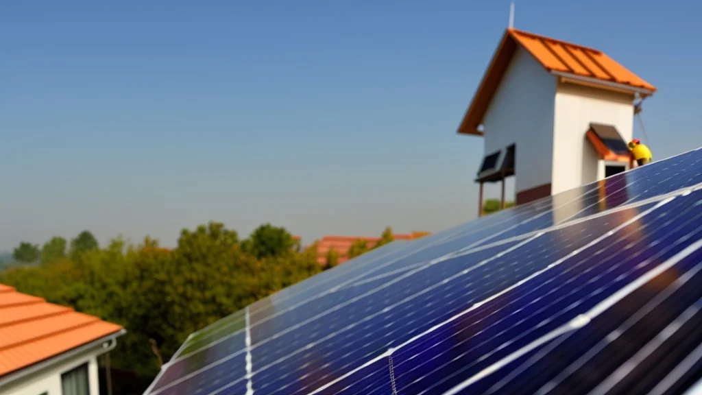 solar panel installation by 2 - 3 guys on the roof of a house, panoramic view