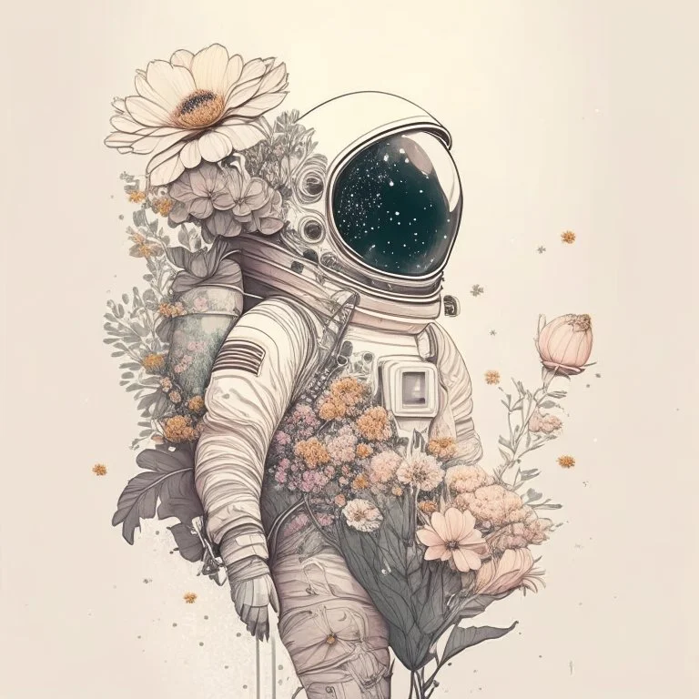 "floral astronaut" hand-drawn digital art, muted tones, flowers everywhere, REALISTIC