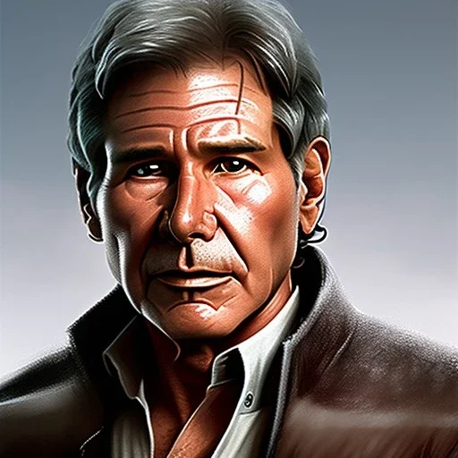 stunning photo realistic head to waist portrait of harrison ford as han solo in star wars with photo realistic short hair by Greg Rutkowski, Artgerm, WLOP, Alphonse Mucha, sharp focus, brown eyes,photo realistic skin, realistically and naturally weathered skin,space jacket from star wars, intricate, art background