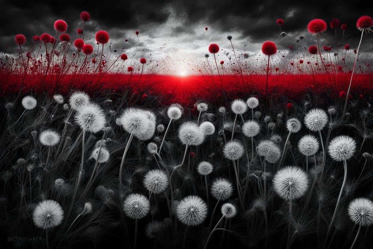 photo from Sunrise with Dandelions, ,amazing depth, high textures, surreal, weird, white-black colors, lying body betwen dandelions, , , red blood, splash art, intricately detailed, sharp focus, stunning, weird dark mood