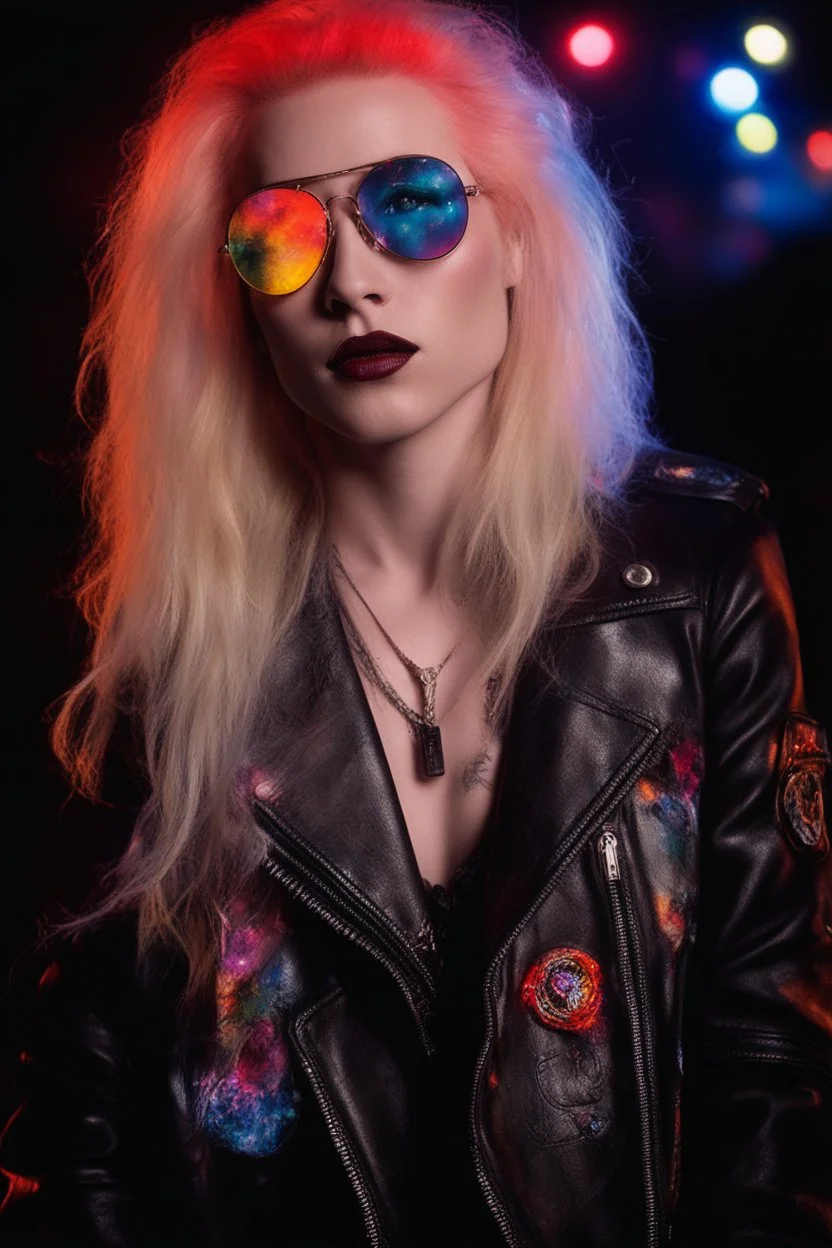 head and shoulders image, Hedwig and the angry inch - Ray-Ban sunglasses - Motley Crue - gothic pale-skinned vampire, fire and multicolored electrified cosmic clouds, Professional quality Photograph by Hoy Tung lu- Multicolored lightning -a smiling, long, blonde hair, blue eyes, goth makeup, black leather biker's jacket, black leather pants, combat boots, black fingerless gloves, sitting on in the forest next to a fire,