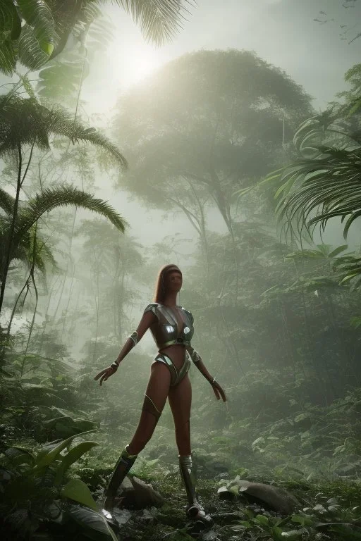 futuristic woman standing next to a large spaceship, in a jungle clearing