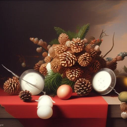 a still life composition of pinecones like Pieter Claesz