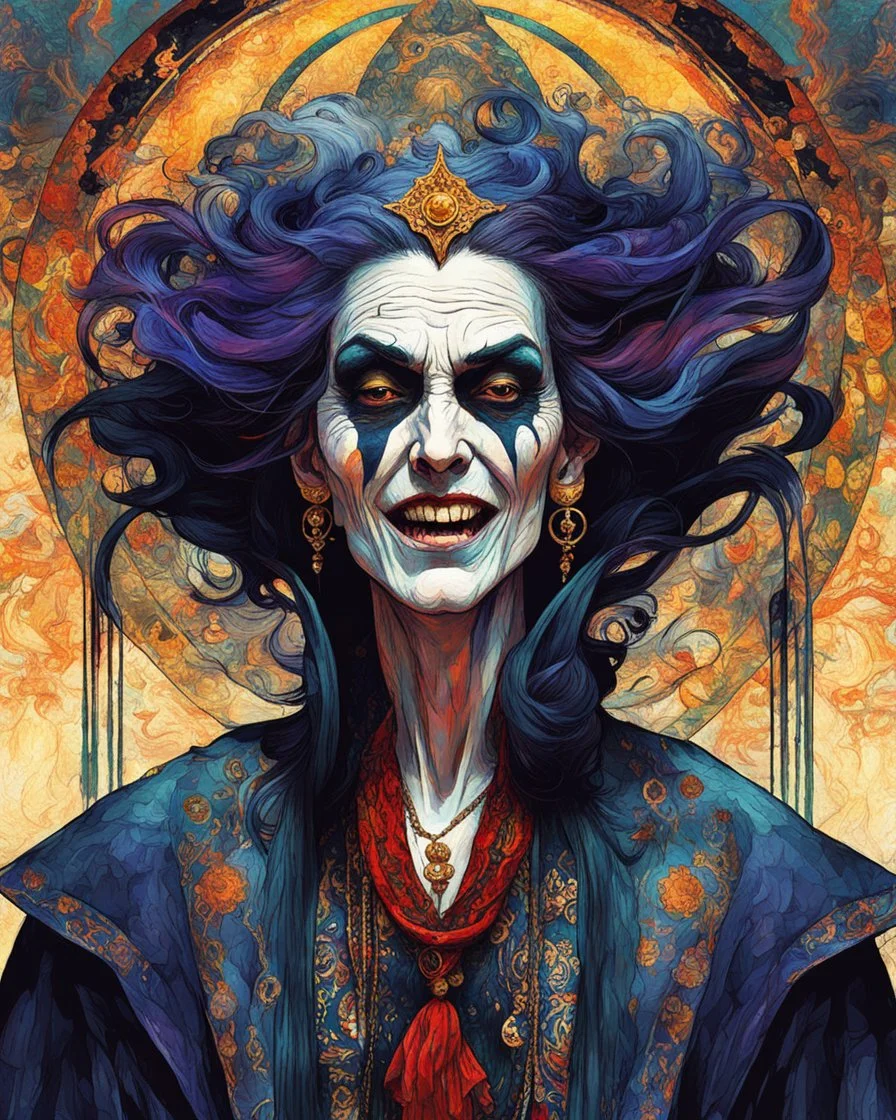 a fanciful, full body, close up, portrait illustration of an aged, ancient Romanian vampire sorceress filled with ecstasy, drama, split, glitchcore, macabre, double exposure, surrealistic, in the impressionist style of Childe Hassam, mixed with art nouveau, and abstract expressionism of Egon Schiele, and the comic art style of Jean-Giraud Moebius, highly detailed hair, facial features, and skin textures, in subdued natural colors