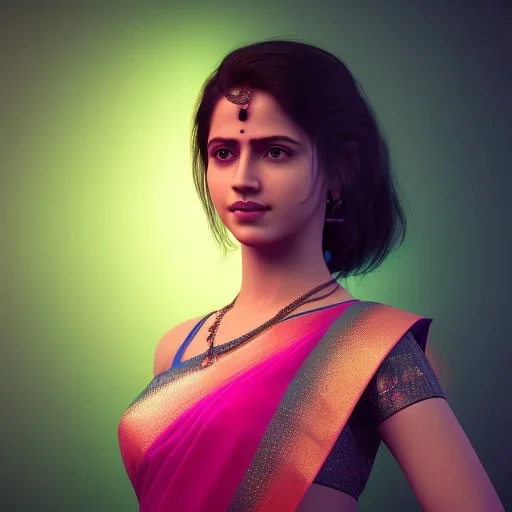 full body photo of a girl in saree in dark room with neon light ,hyperrealistic,detailed,8k,cinematic