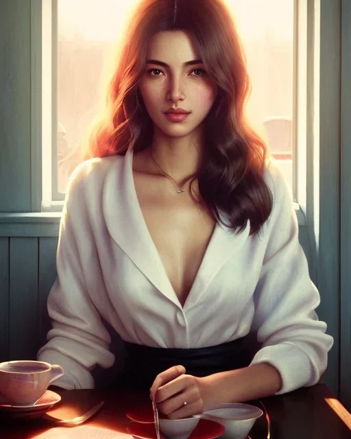 8k 4d photo realistic Highly detailed portrait of stunningly beautiful woman, sitting inside a cozy cafe, Atey Ghailan, by Loish, by Bryan Lee O'Malley, by Cliff Chiang, by Greg Rutkowski, inspired by image comics, potrait illustration, cute fine face, pretty face, realistic shaded perfect face, symetrical eyes, perfecet eyes