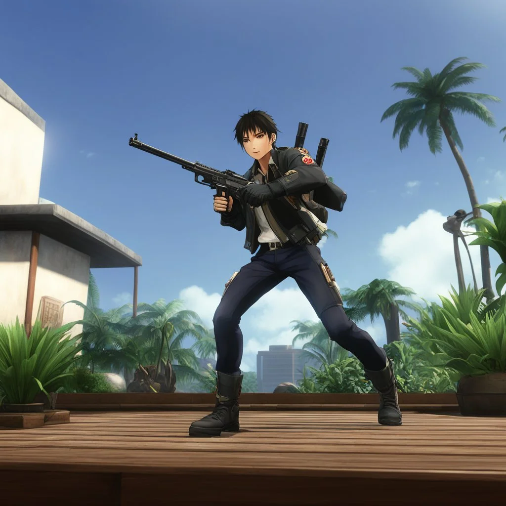 the jump with one gun in each hand iconic scene by John Woo (A Better Tomorrow, The Killer, Hard-Boiled) anime, DOA5LR by_Xnalara_Fanatic, Doppie_Nike_by_xDLGx (edited), Memento_Mori_Hotel_Room_by_Jhonny_Hebbert, House_Plants_by_Rondoe, SDTV_Touch_Remote_v2_by_Decan-Andersen