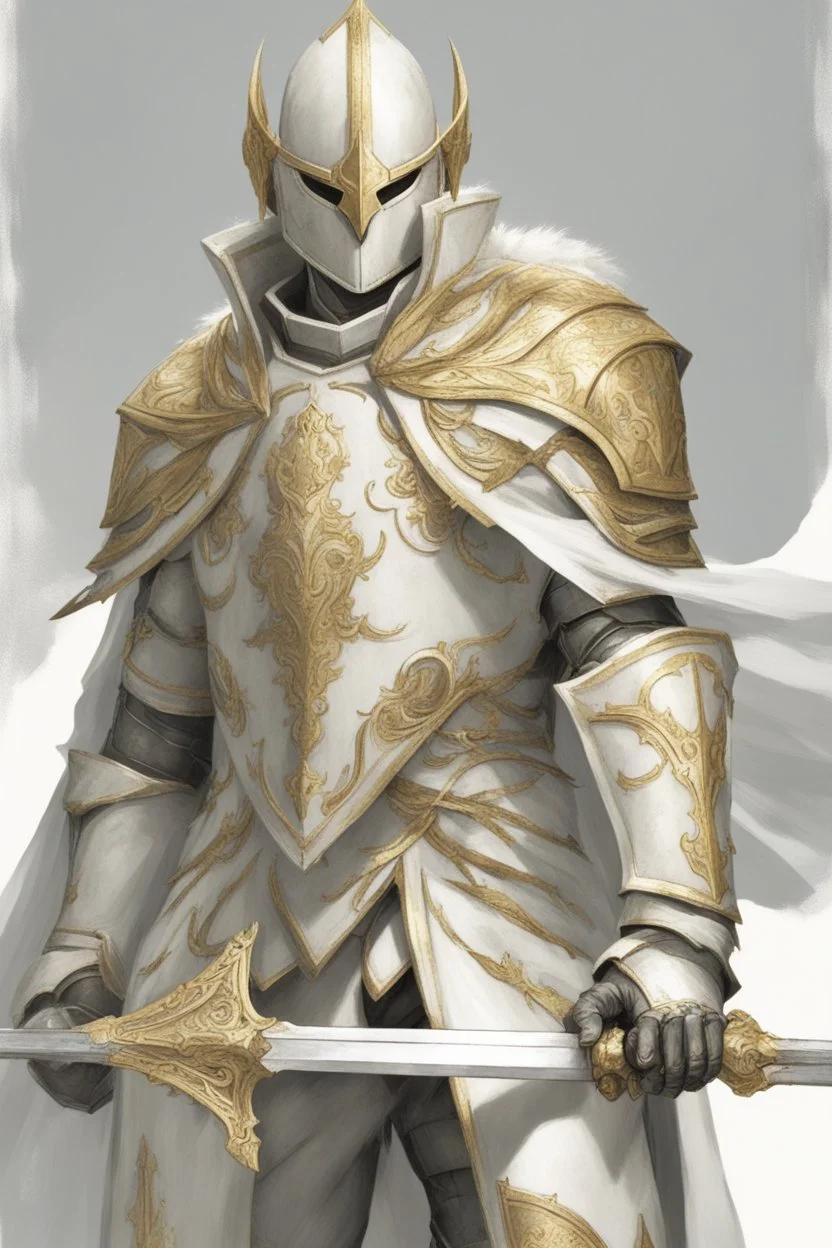 Leonin knight wearing white and gold armor, wearing a white and gold cape, holding a large sword and shield