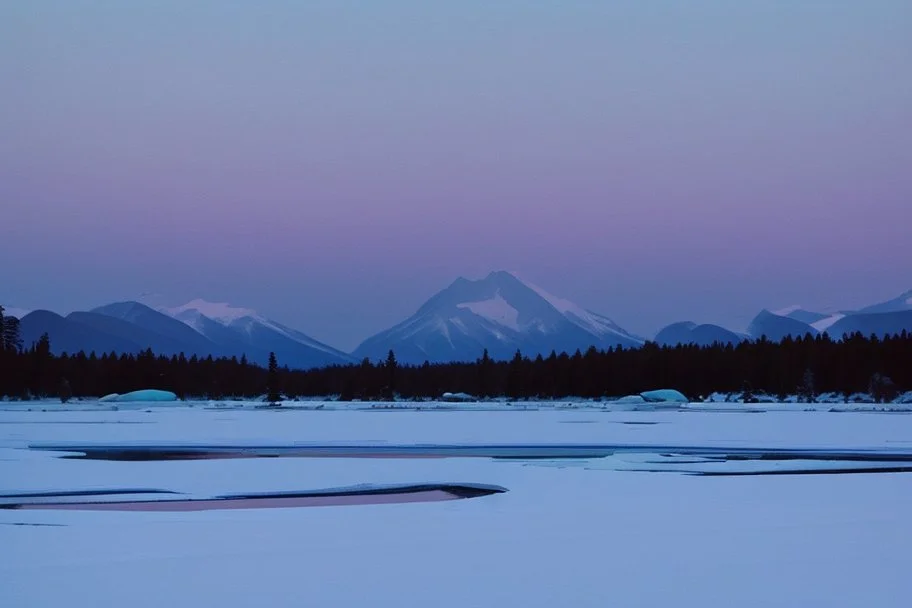 Night, Moon, distant mountains, pine trees, lagoon, lagoon reflections, winter, ice, snowy land