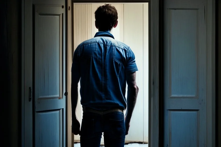 man in jeans and a shirt, back to the camera, standing in a row of doors, looking out through a doorway