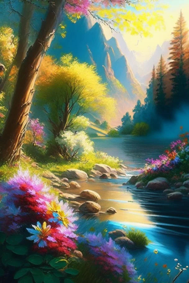 full light,highlight, trees, river, day, sun day, an idyliic forest with bright colorful flowers, mountains, sun,flower, a small river, paradise, on a canvas. realistic art, brush, pencil