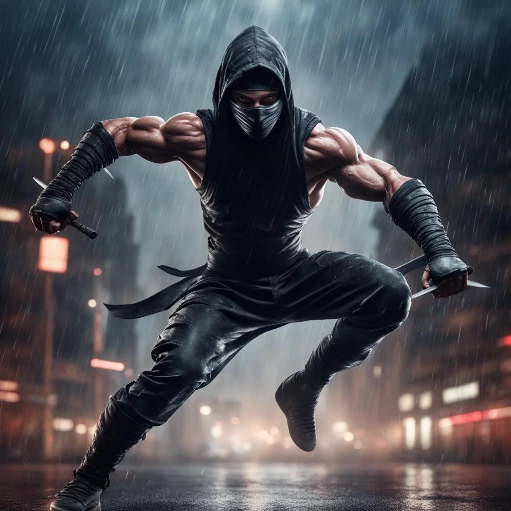 Hyper Realistic muscular-masked-ninja-warrior jumping & training with his swords in a dark-heavy-rainy-night