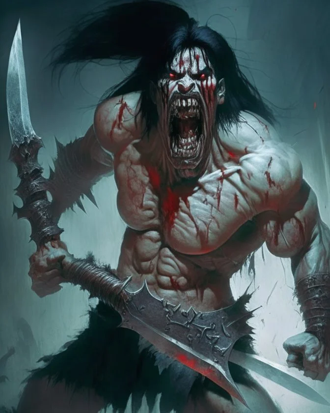 cursed apocaliptic screaming scary zombie human berserker meaty black hair big greatsword