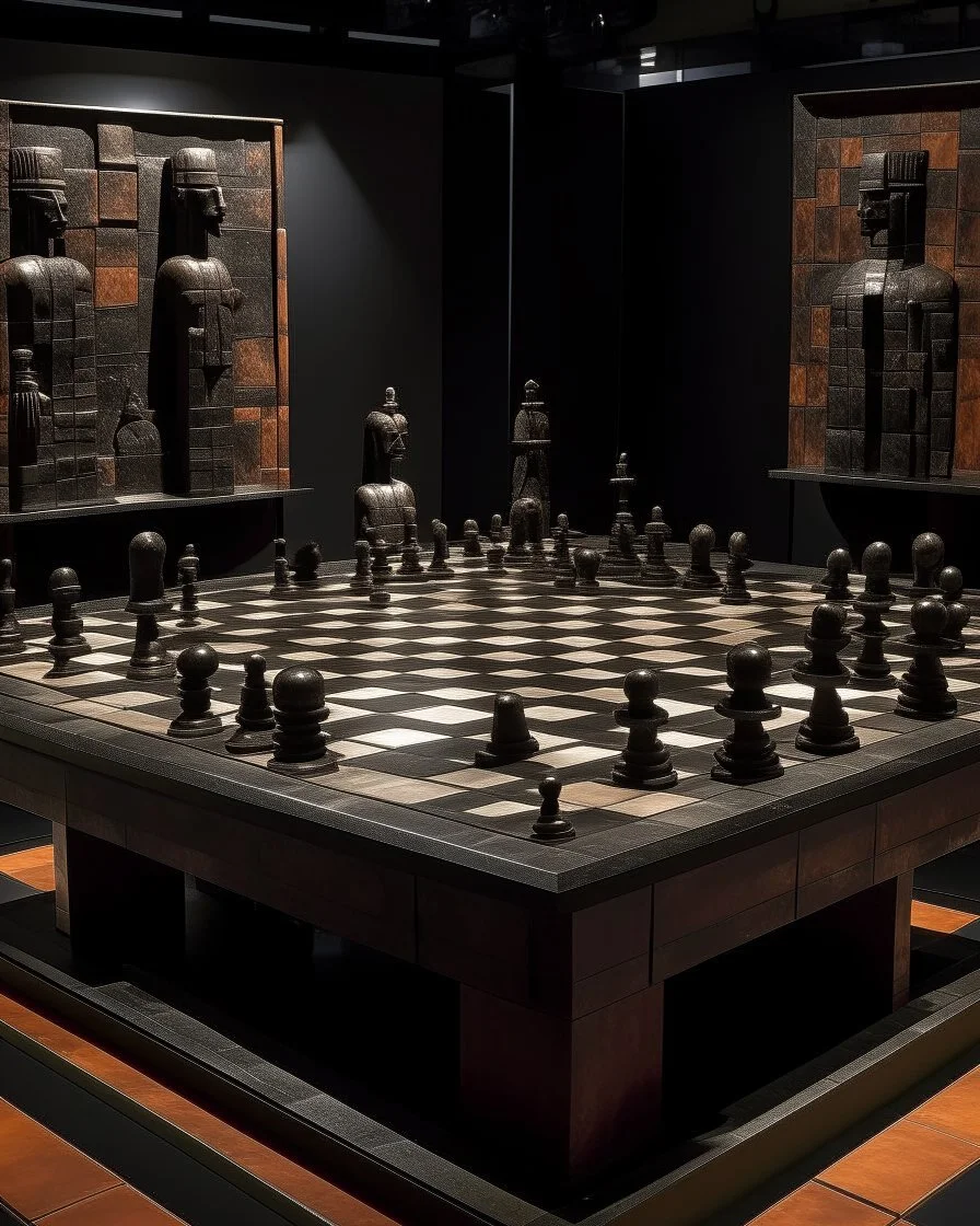 A dark brownish black shadowy chess themed stronghold designed in Maori sculptures painted by Mark Rothko