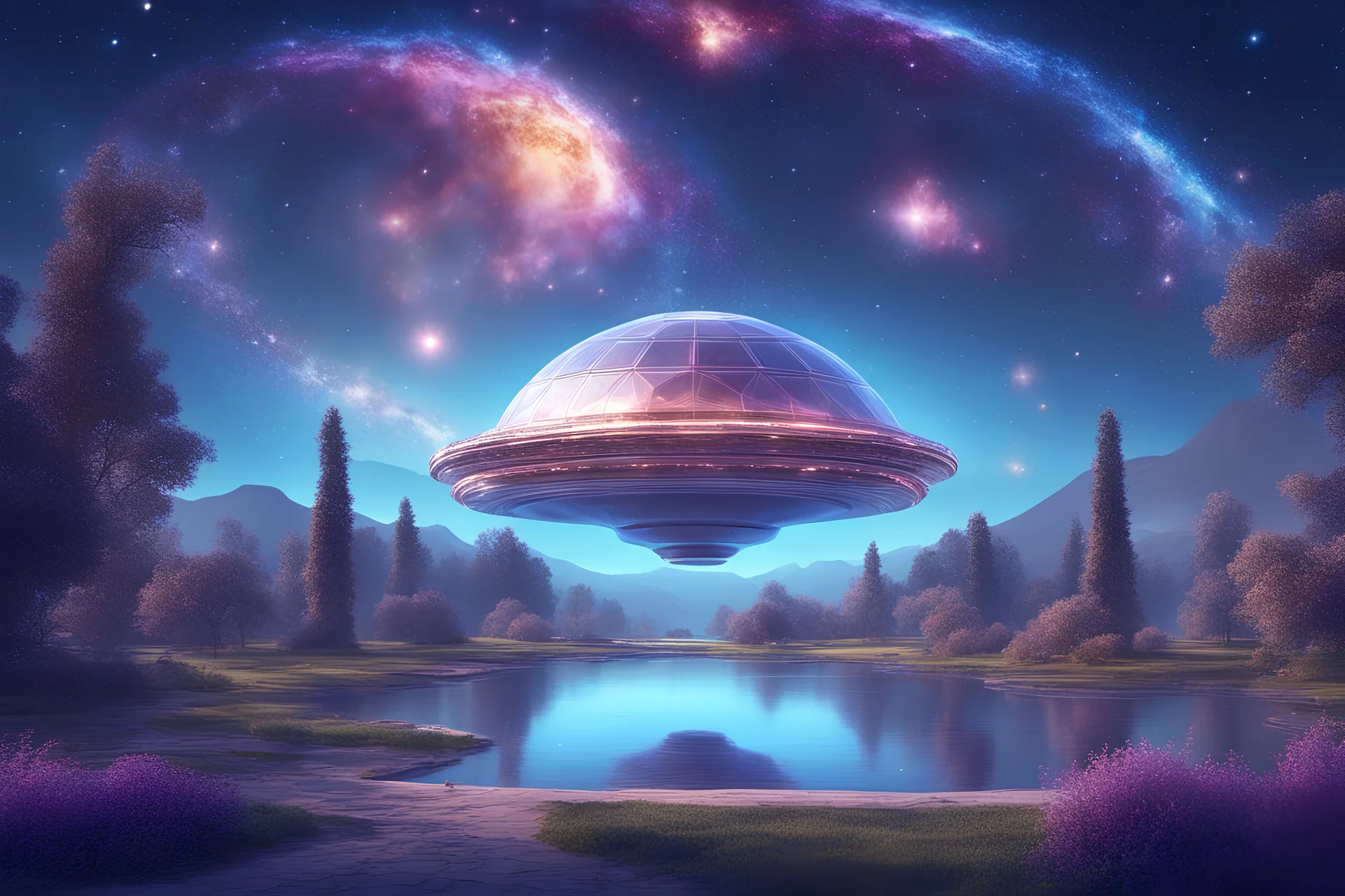 cosmic ufo , graceful and pure harmonic cosmic city with several magic and beautiful smal garden and great building, a magnificent environment, cosmic, faceted dome, crystals, lake. infinitely many details. starry sky, sparkles of light. high definition, 4k, cosmic star sky and ufo in the sky