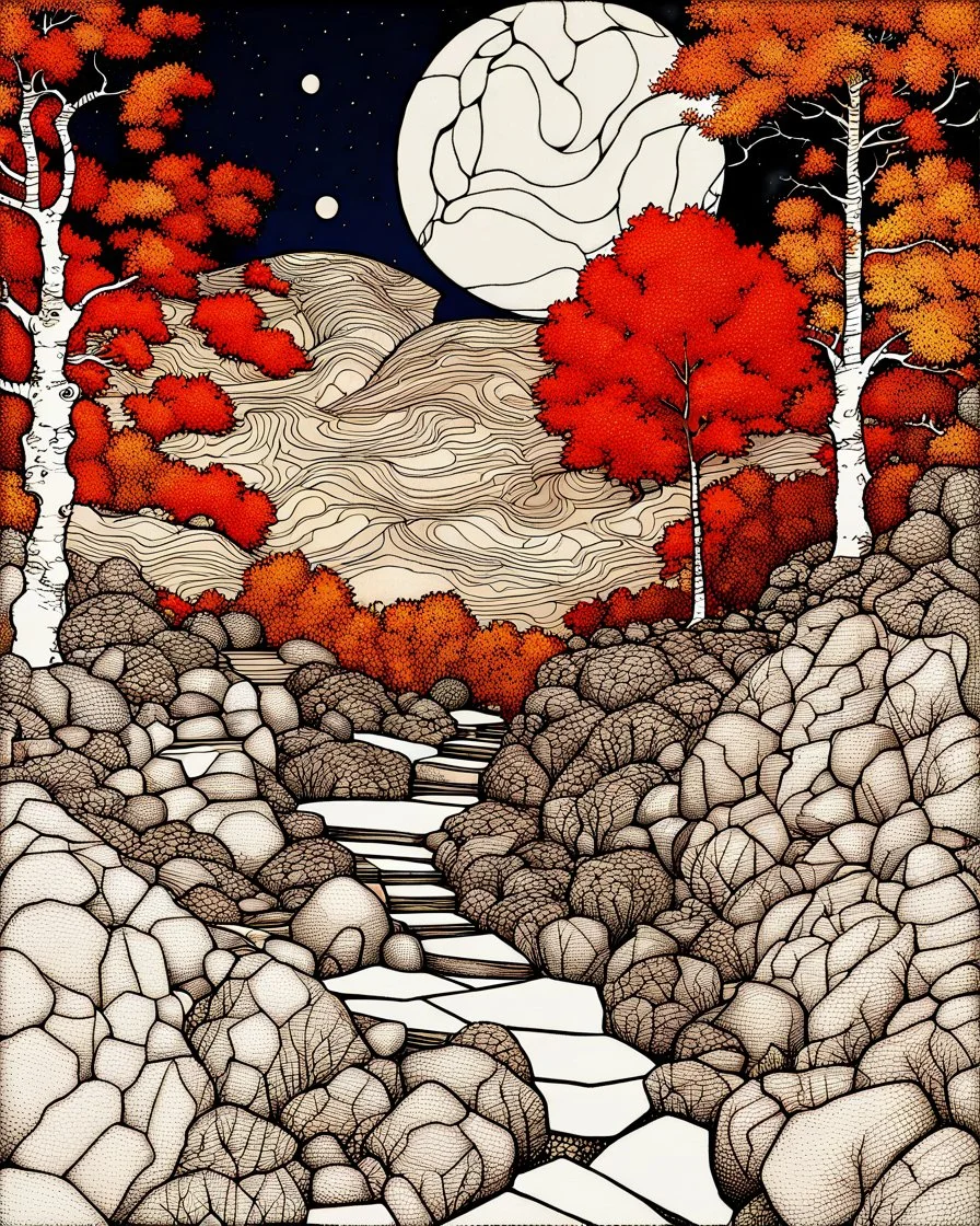 Autumn colors, peaceful, Egon Schiele, Max Ernst, night sky filled with galaxies and stars, rocks, trees, flowers, one-line drawing, sharp focus, 8k, deep 3d field, intricate, ornate, one million strokes