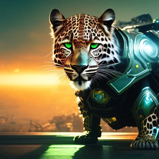 Futuristic dystopian cool leopard in titanium green knight armor, by Yoji Shinkawa, Ukraine flag on back, HDR, octane render, unreal engine, masterpiece 4k, hyper detailed, detailed, hyperdetailed, intricate, digital painting of an modern 3d anime character, character illustration, 4k, ultra hd, overexaggerated features, picture in sharp frame, in frame